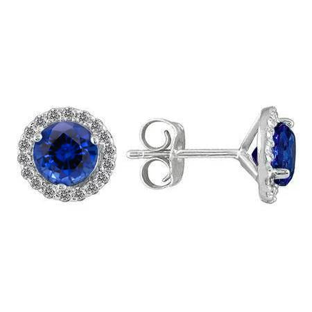 3.36 Carats Blue Sapphire Halo Diamond Stud Earrings White Gold 14K