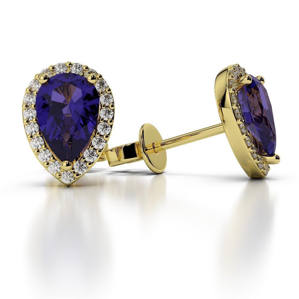 3.40 Carats Pear Tanzanite With Round Diamond Halo Stud Earrings