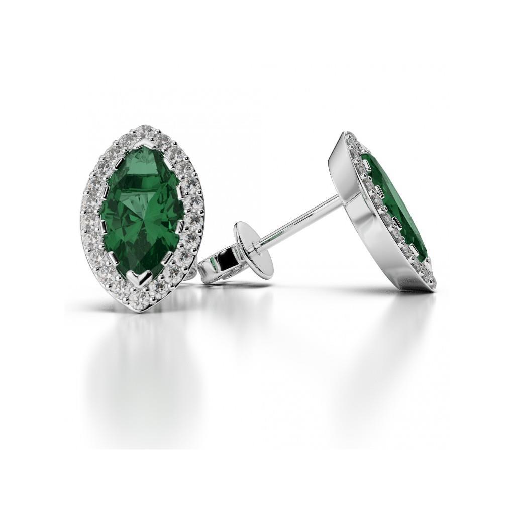 3.44 Ct Green Emerald With Diamond Stud Halo Earring 14K White Gold