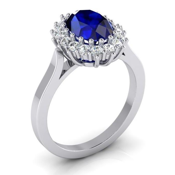 3.5 Ct Oval Shaped Ceylon Sapphire Round Diamond Ring White Gold 14K