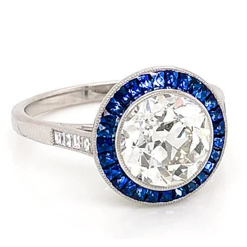 3.50 Carats Blue Sapphire Diamond Ring Old Miner White Gold 14K