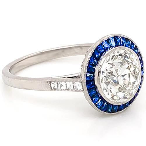 3.50 Carats Blue Sapphire Diamond Ring Old Miner White Gold 14K