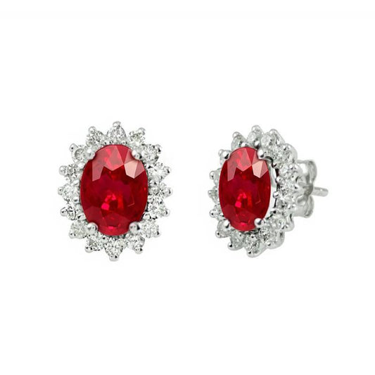 3.50 Carats Oval Red Ruby & Diamond Stud Halo Earrings White Gold 14K
