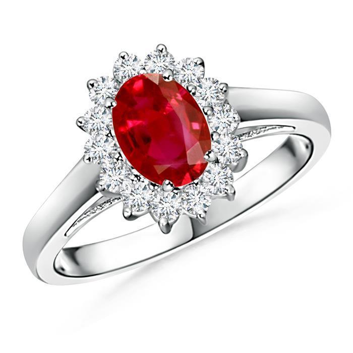 3.50 Carats Ruby With Diamonds Flower Halo Ring White Gold 14K