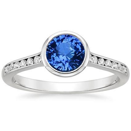 3.50 Ct Bezel Set Round Ceylon Sapphire & Diamonds Ring White Gold 14K
