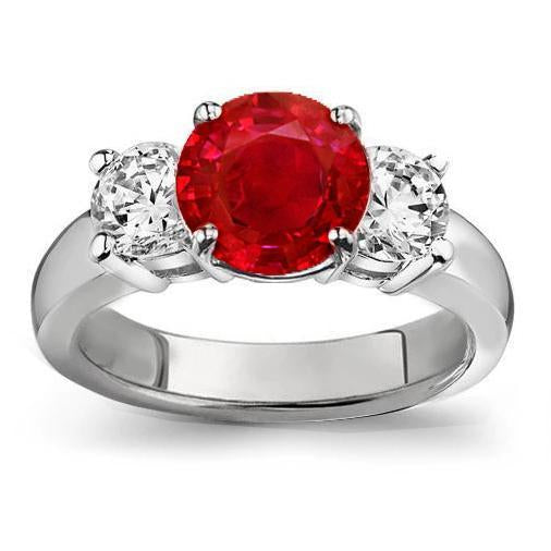 3.50 Ct. 3 Stone Ruby And Diamonds Ring White Gold Prong Set
