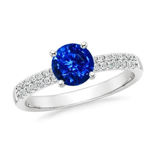 3.50 Ct. Prong Set Round Cut Ceylon Sapphire Diamonds Ring WG 14K