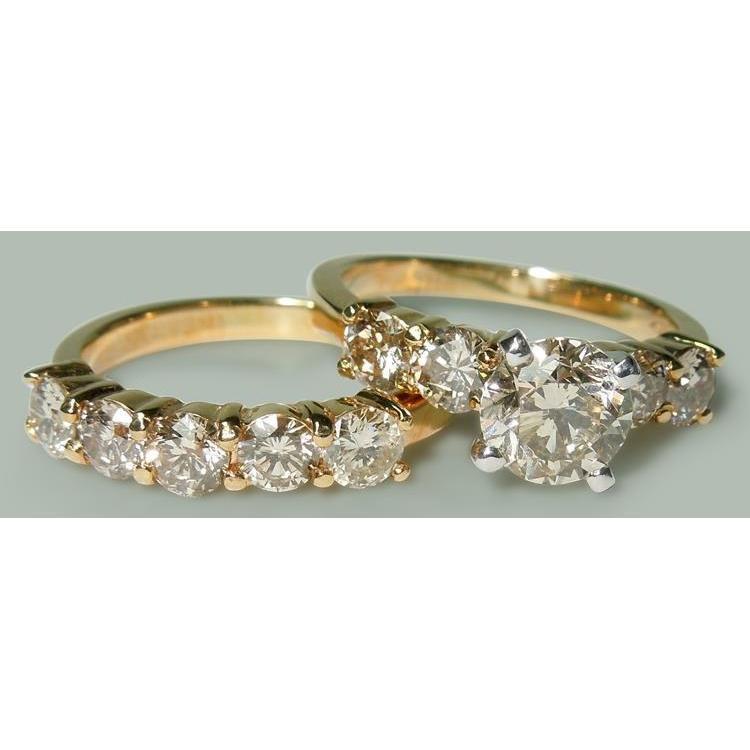 3.51 Ct Round Diamonds Engagement Ring Band Set Yellow Gold