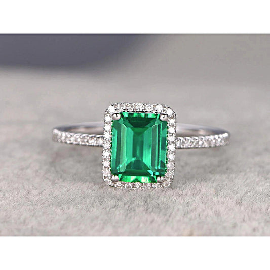3.55 Ct Emerald Cut Green Emerald With Round Diamond Wedding Ring