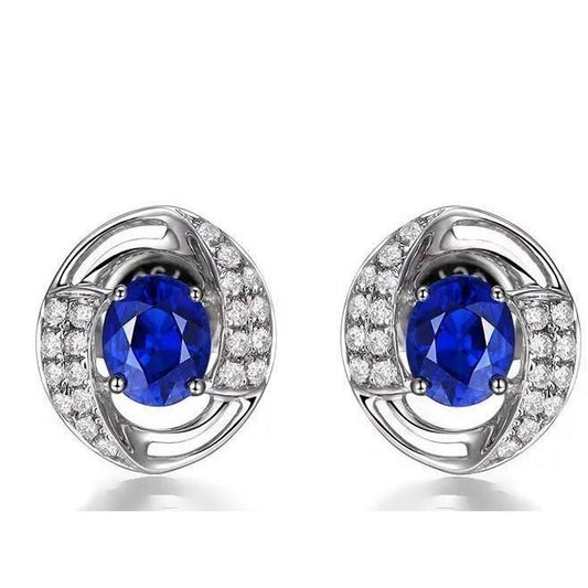 3.60 Carats Sapphire And Diamond Lady Stud Earrings White Gold 14K