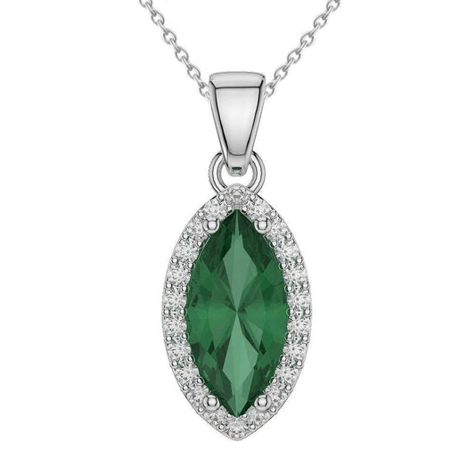 3.60 Ct Green Emerald With Diamond Pendant Necklace 14K White Gold