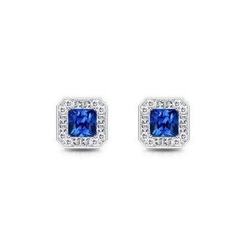 3.60 Ct Sri Lanka Sapphire & Diamonds Ladies Stud Halo Earring WG 14K