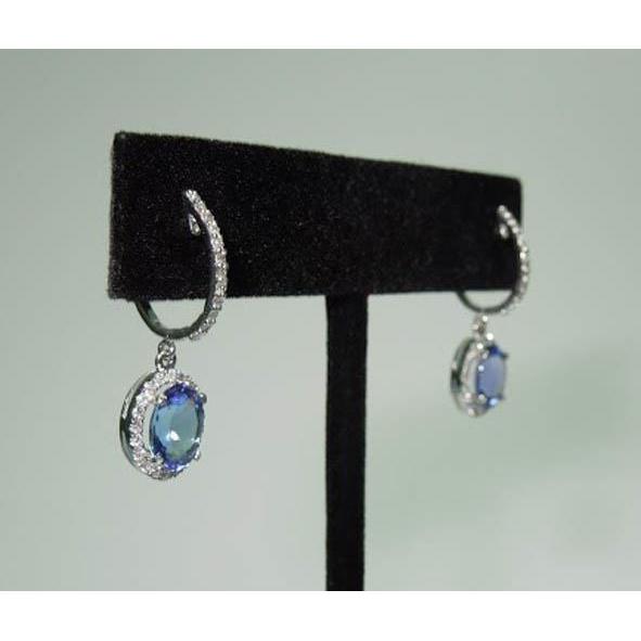 3.64 Ct Oval Ceylon Sapphire & Round Diamonds Dangle Hoop Earrings
