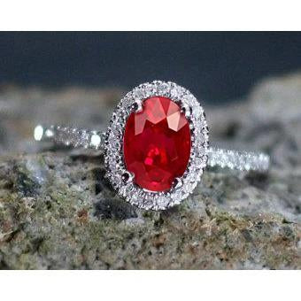 3.65 Ct Halo Red Ruby And Diamonds Wedding Ring White Gold 14K