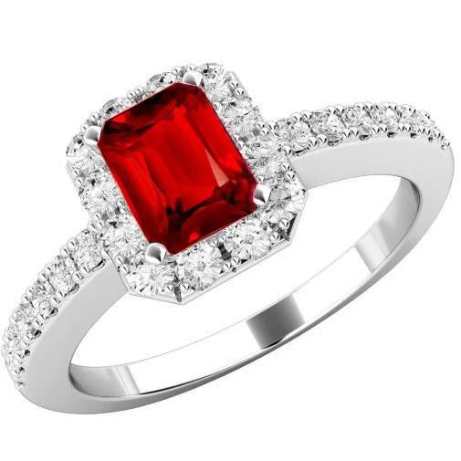 3.75 Carats Emerald Cut Ruby And Round Diamonds Ring 14K White Gold