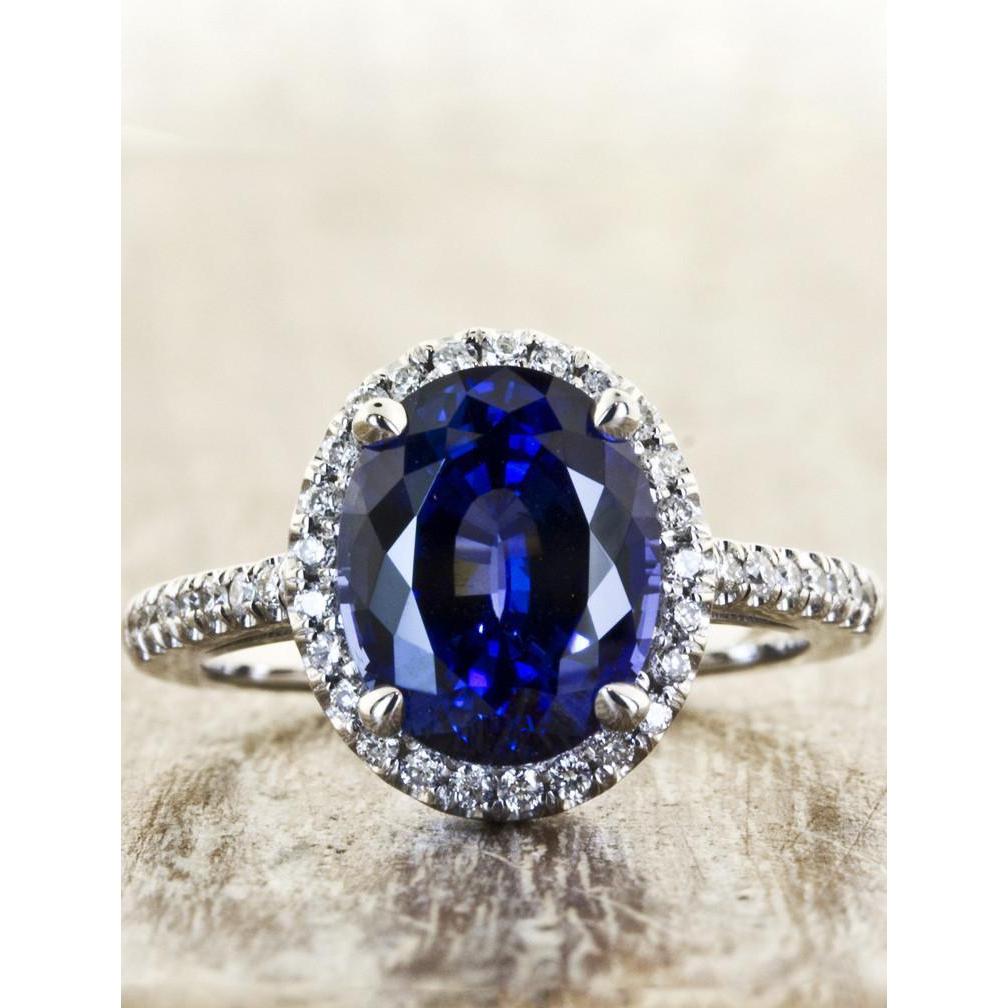 3.75 Carats Oval Ceylon Sapphire With Round Diamonds Engagement Ring