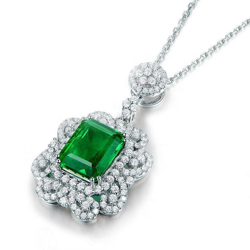 3.85 Carats Green Emerald And Diamonds Pendant Necklace 14K White Gold