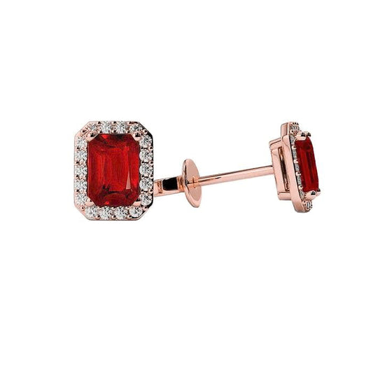 3.86 Carats Red Ruby And Diamonds Lady Studs Earrings Rose Gold 14K