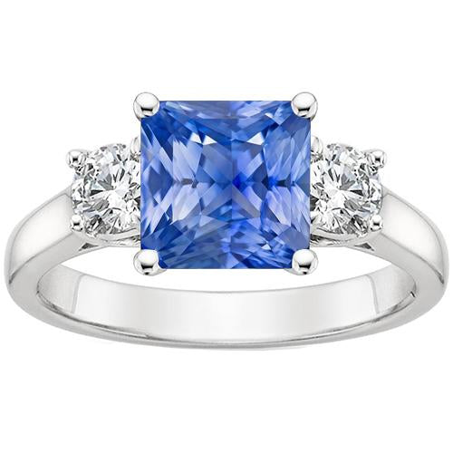 4 Carats Blue Ceylon Sapphire & Round Diamond 3 Stone Ring Gold 14K