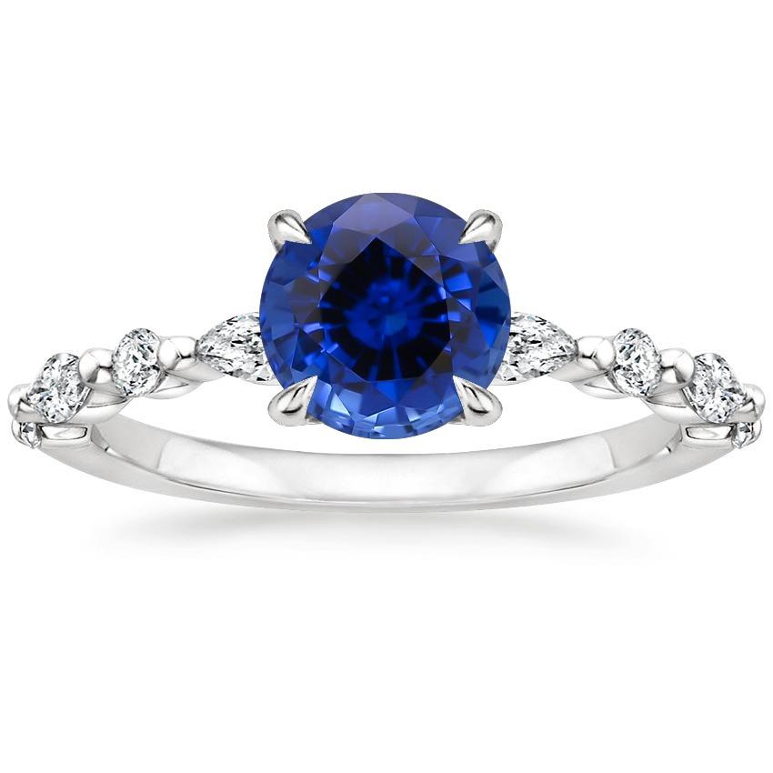 4 Carats Engagement Ring Round Ceylon Sapphire & Diamond Marquise Gold