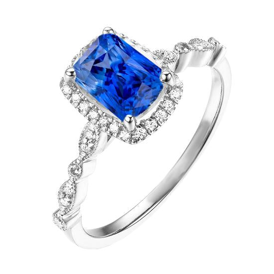 4 Carats Halo Radiant Ceylon Sapphire Ring & Diamond Ladies Jewelry