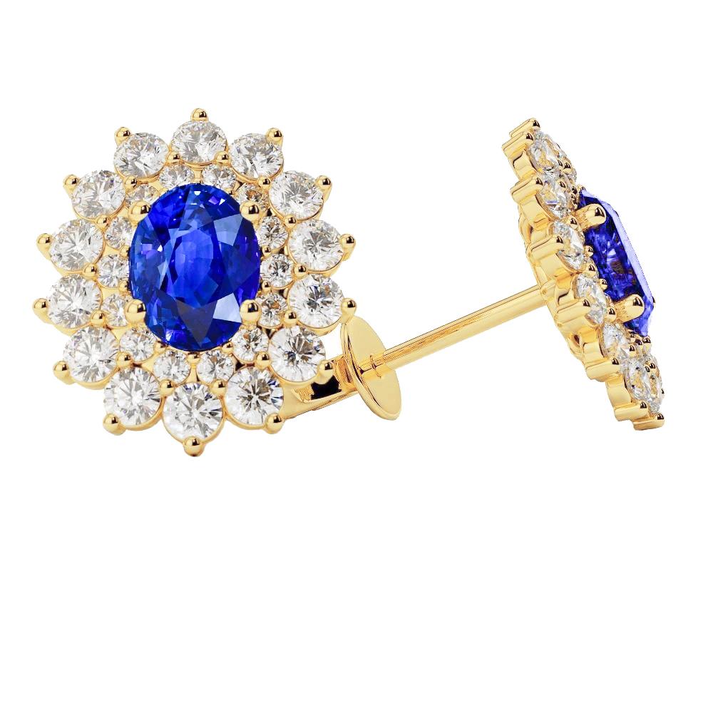 4 Carats Oval Cut Sri Lanka Sapphire Diamonds Studs Yellow Gold 14K