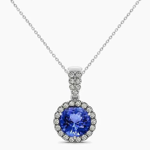 4 Ct Round Cut Tanzanite And Diamonds Pendant Necklace White Gold