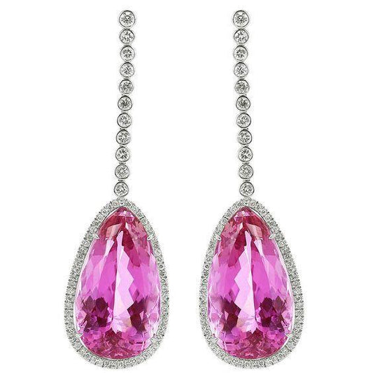 41.42 Ct Pink Pear Cut Kunzite With Diamond Drop Earrings Gold 14K