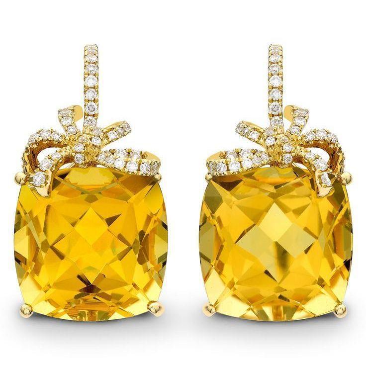 47.60 Ct Citrine And Diamonds Dangle Earrings Yellow Gold 14K