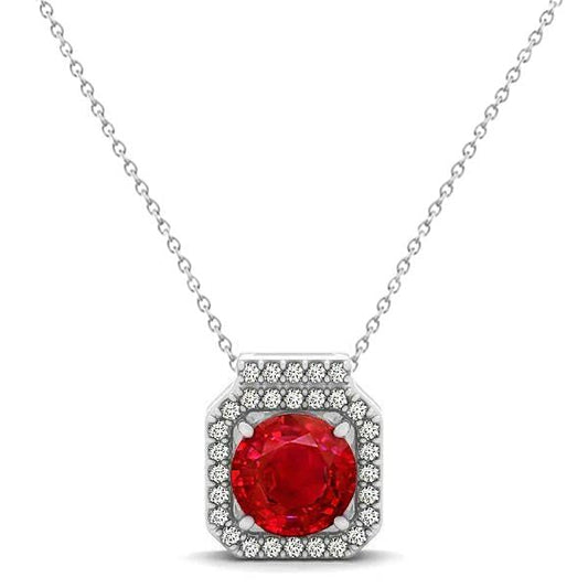 4.00 Ct Red Ruby With Diamonds Pendant With Chain White Gold 14K