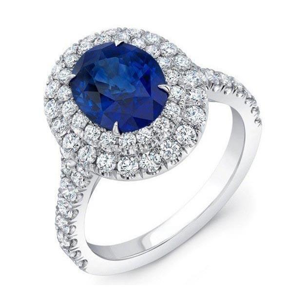 4.25 Carats Solitaire With Accent Sapphire Diamonds Ring White Gold