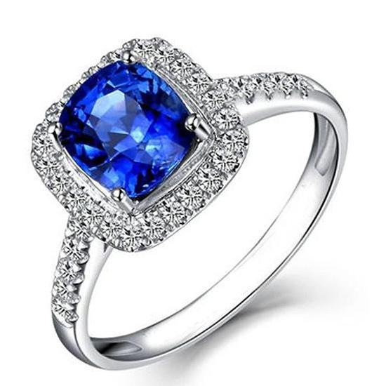 4.30 Ct Ring Cushion Ceylon Blue Sapphire And Round Diamonds