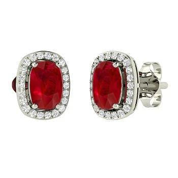 4.50 Carats Cushion Cut Ruby Diamond Stud Earrings White Gold 14K