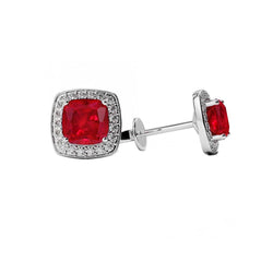 4.50 Carats Cushion Ruby And Natural Earth Mined Diamond Women Studs Halo