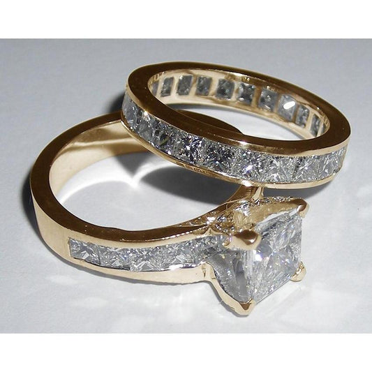 4.50 Carat Diamonds Princess Cut Engagement Ring Set Yellow Gold 14K