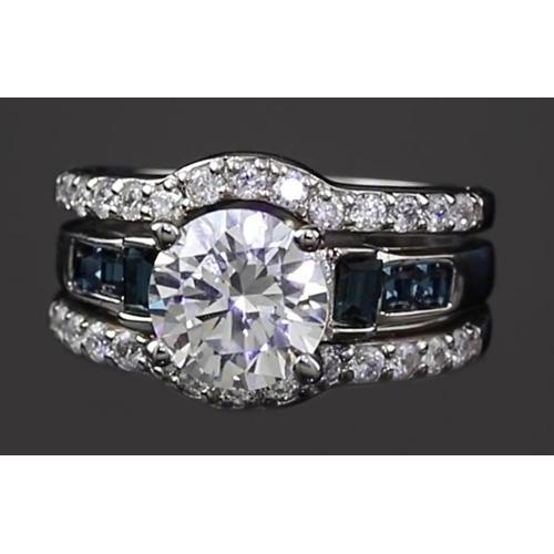 4.50 Carats Engagement Ring Set Round Diamonds & Blue Green Sapphire