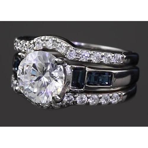 4.50 Carats Engagement Ring Set Round Diamonds & Blue Green Sapphire