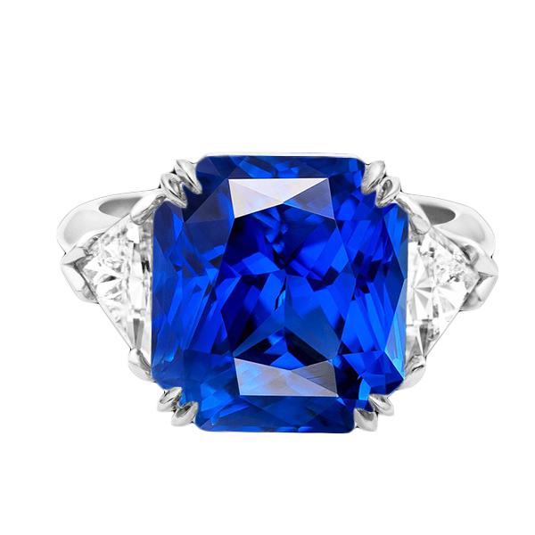 4.50 Carats Radiant 3 Stone Ring Blue Sapphire & Trillion Diamonds