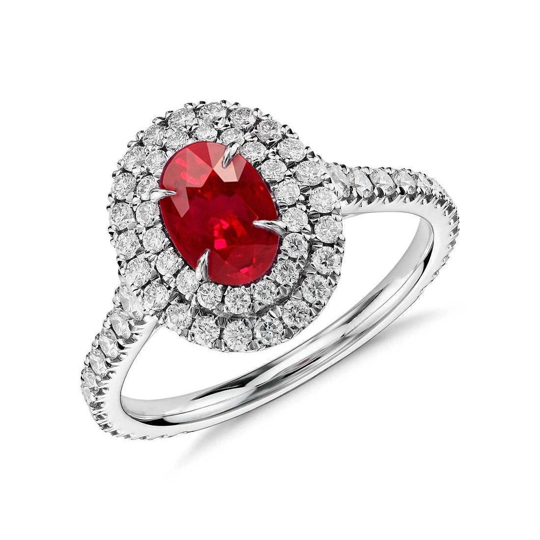 4.50 Ct Double Halo Ruby And Diamonds Ring Gold White 14K