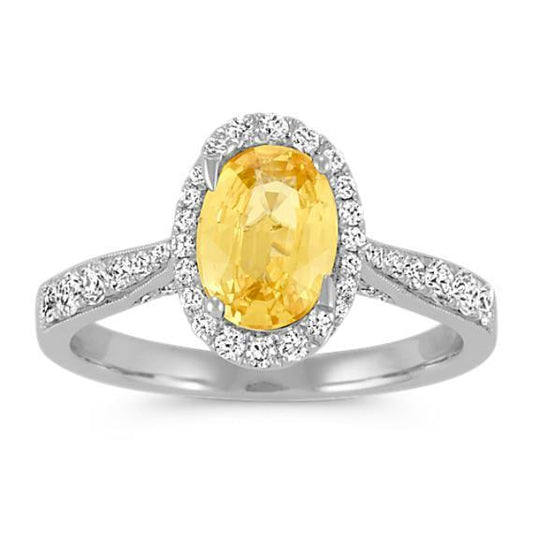 4.50 Ct Oval Yellow Sapphire And Round Diamonds Ring White Gold 14K