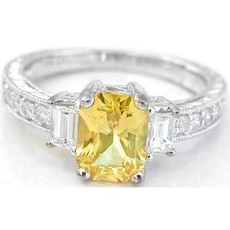 4.75 Ct Radiant Yellow Sapphire And Round Diamonds Ring White Gold