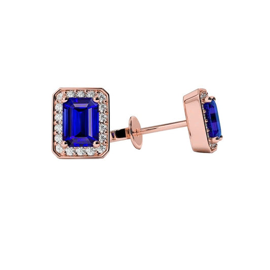 4.80 Carats Sapphire And Diamond Halo Ladies Stud Earrings Rose Gold
