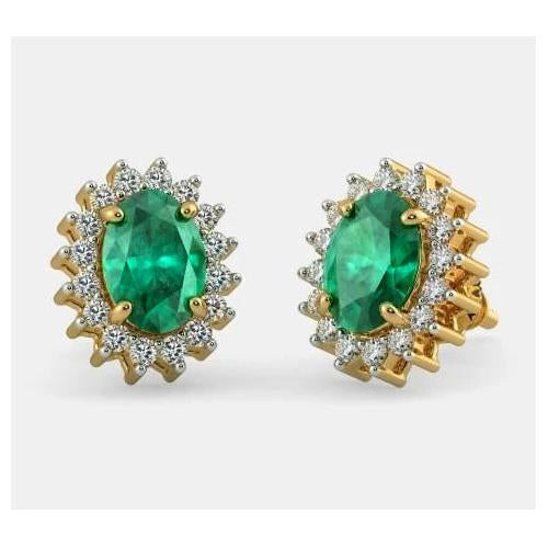 4.80 Ct Green Emerald With Diamond Stud Earring 14K Yellow Gold