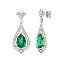 4.84 Carats Green Emerald With Natural Earth Mined Diamonds Earrings White Gold 14K