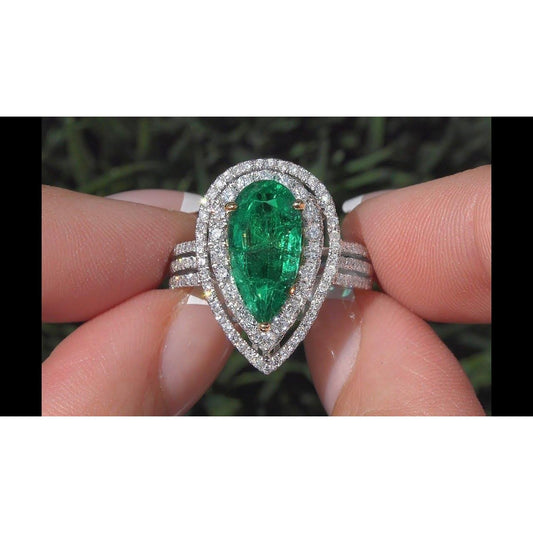5 Carats Beautiful Pear Green Emerald Diamond Ring White Gold 14K