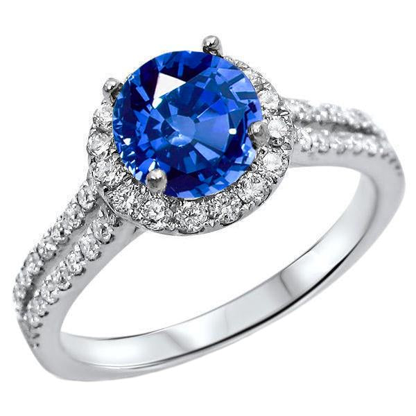 5 Ct Round Ceylon Sapphire With Diamonds Ring White Gold 14K