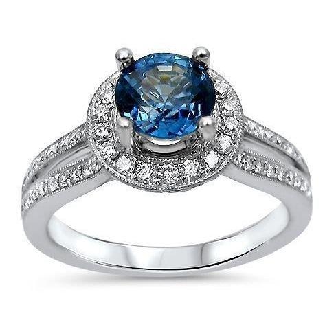 5 Ct Round Cut Ceylon Sapphire And Diamonds Ring White Gold 14K