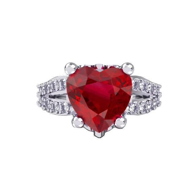 5 Ct Prong Set Red Heart Cut Ruby With Diamond Ring White Gold 14K
