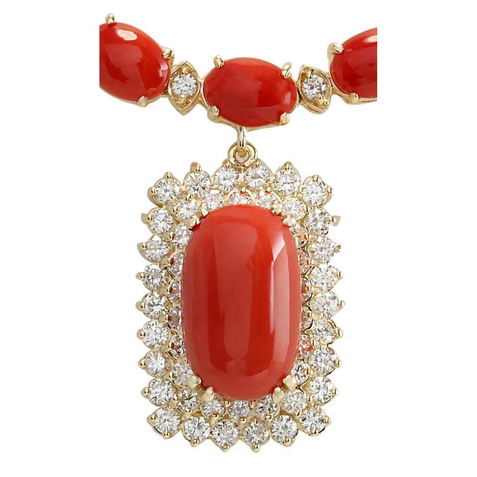 50.50 Ct Red Coral And Diamonds Lady Necklace Gold Yellow 14K
