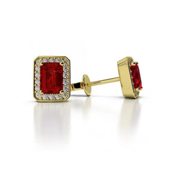 5.10 Carats Prong Set Emerald Cut Ruby With Natural Earth Mined Diamonds Stud Earrings